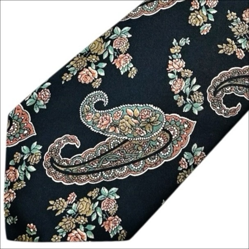 VTG Amherst & Brock‎ Silk Necktie Black Pink Green Floral Paisley Print Neck Tie - Picture 2 of 8
